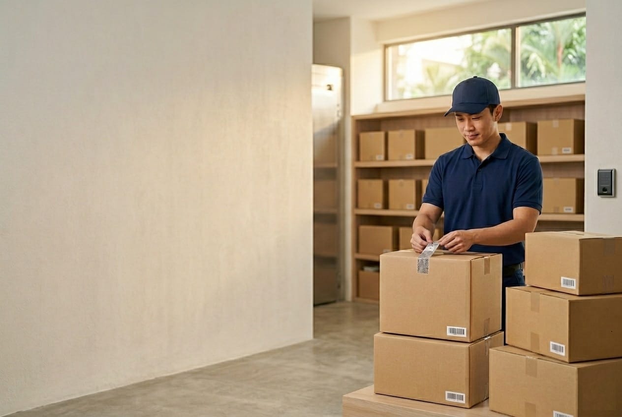 Illustration of boxed business items being sealed for storage